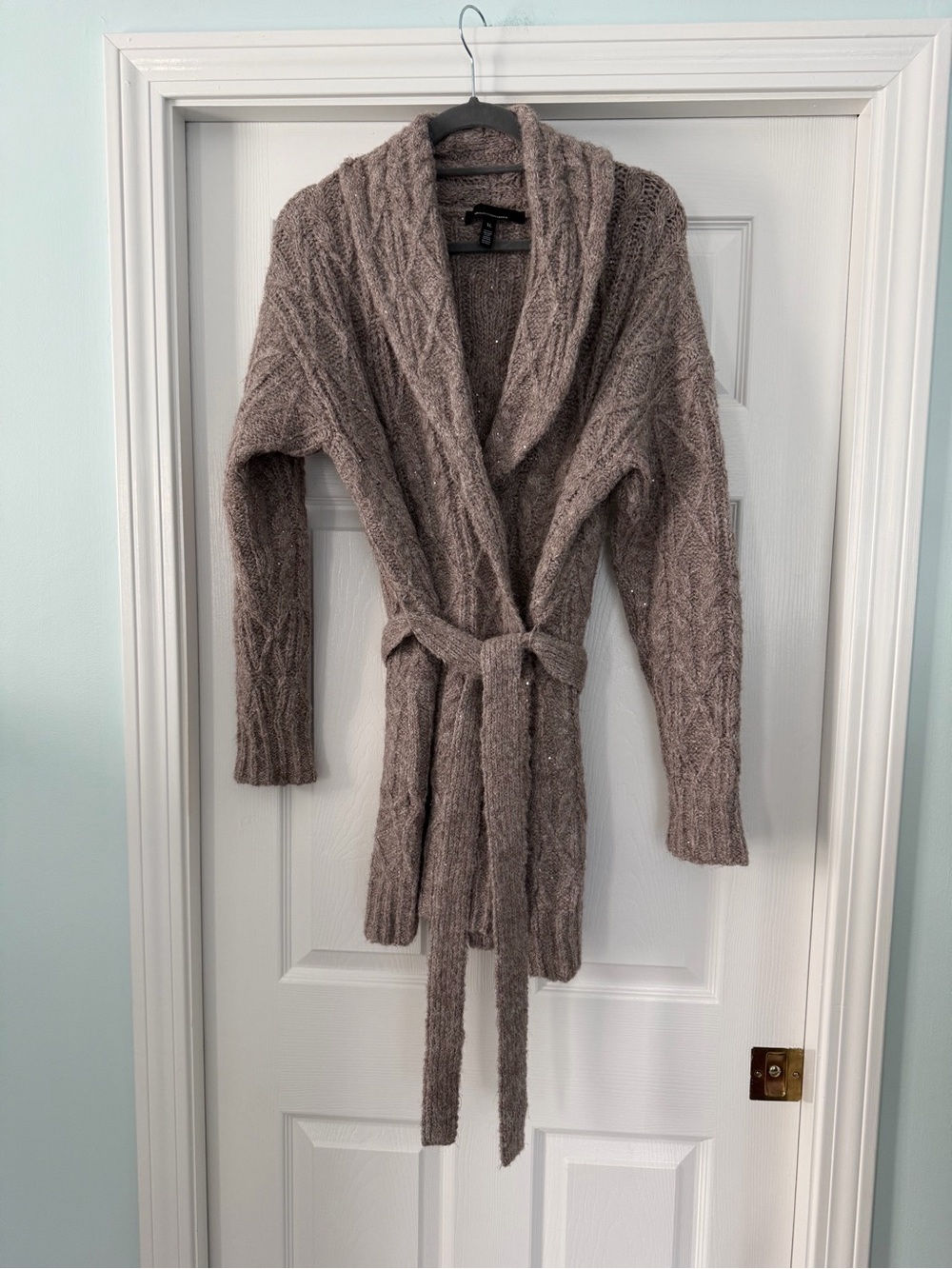 White House Black Market Cable Knit Shawl Collar Belted Sweater - Taupe - XL